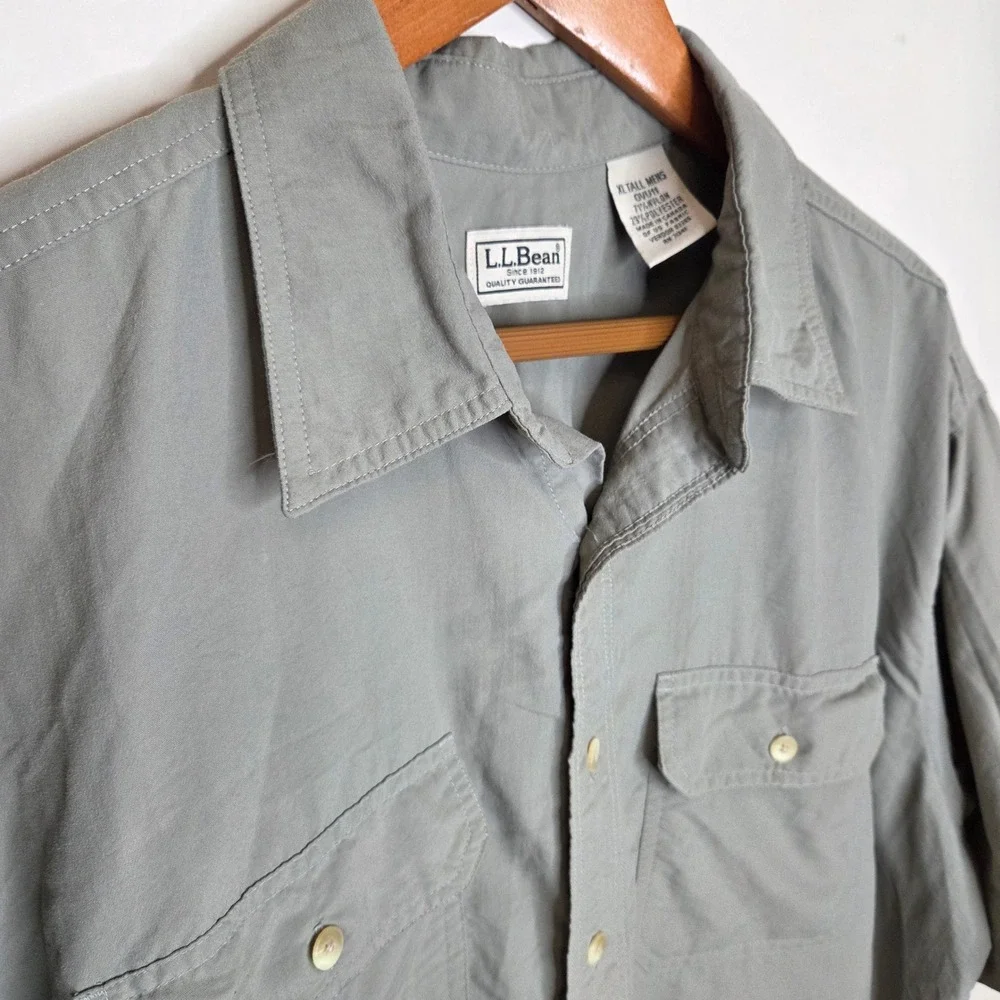 LL Bean Mens XL Tall Short Sleeve Button Down Shirt Sage Green Nylon Blend - Picture 2 of 4